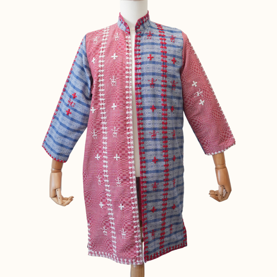 Chinese-collared Binakol Long Coat with Itneg Embroidery