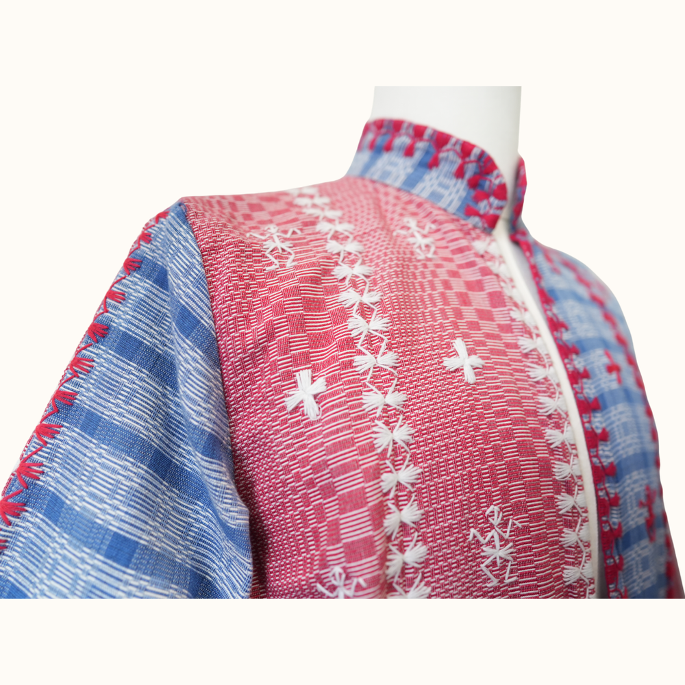 Chinese-collared Binakol Long Coat with Itneg Embroidery