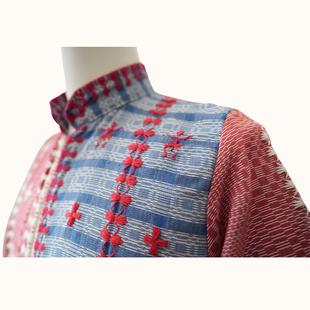 Chinese-collared Binakol Long Coat with Itneg Embroidery
