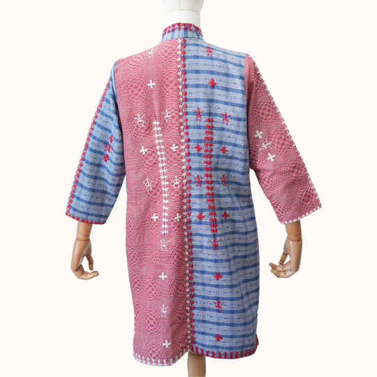Chinese-collared Binakol Long Coat with Itneg Embroidery