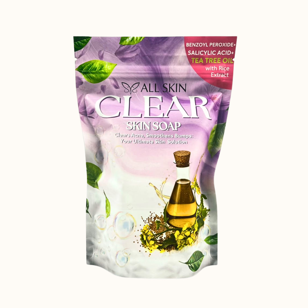 A stand-up pouch of All Skin Clear Skin Soap, featuring a purple and white design with green leaves, a bottle of oil, and botanical illustrations on a light cream background.