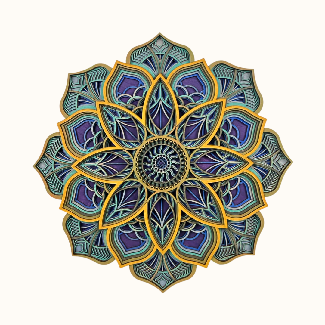 A circular mandala-style floral design with layered petal shapes in purple, teal, blue, and gold, centered on a plain off-white background.